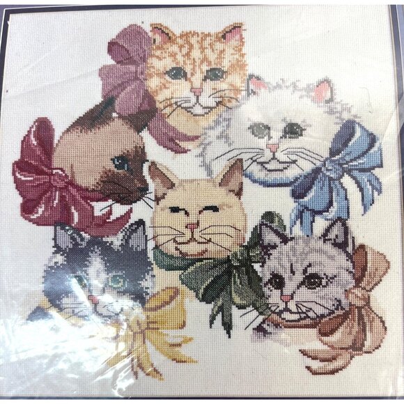 Cats & Bows Counted Cross Stitch Kit 14"x14" Finished Size 50340 100% Cotton Aid - Picture 2 of 4